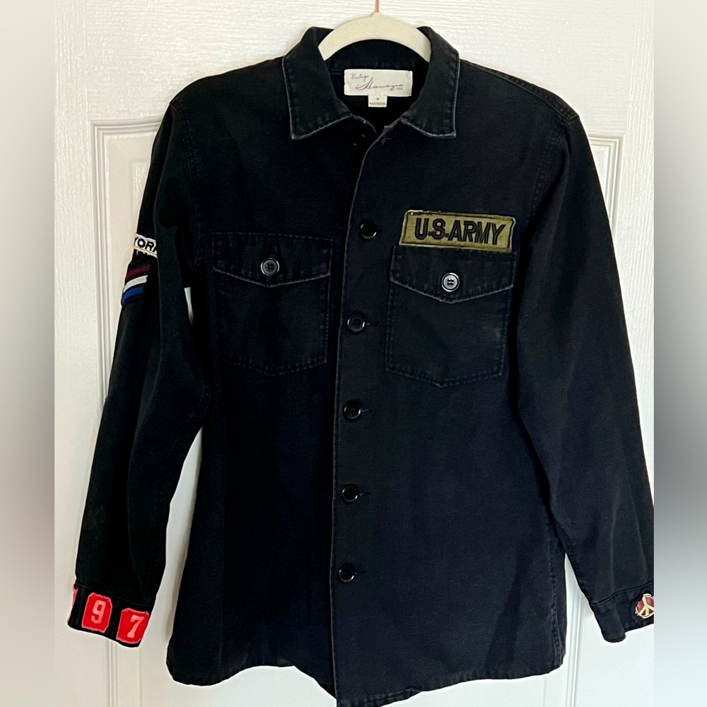 Vintage Havana Distressed Black Denim Jacket Peace Sign Army Size Small